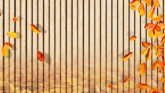 Autumn leaves on wooden background with vertical lines and copy space
