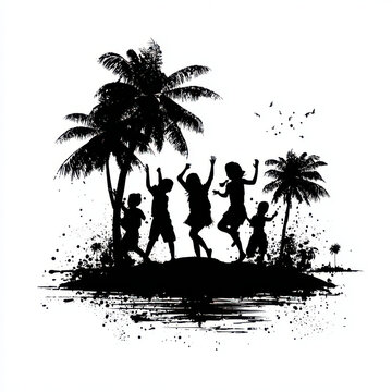 Kids dancing on tropical island beach silhouette vector illustration