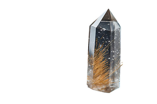 IA generated, transparent quartz crystal with golden rutile needle inclusions isolated on dark background.
