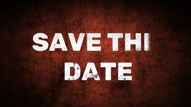 Save the date typography sits centered on a red textured background.