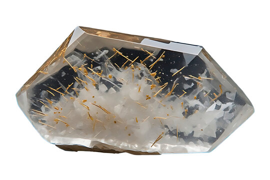 IA generated, transparent quartz crystal with golden rutile needle inclusions isolated on dark background.