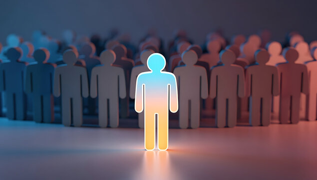 Professional individual illuminated in front of diverse crowd, leadership concept