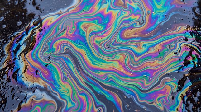 Abstract oil slick on water surface creating a colorful iridescent pattern with swirling liquid textures