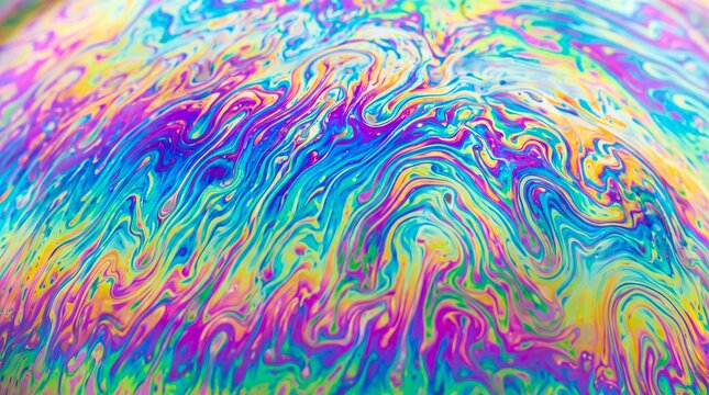 Macro photography of a soap bubble surface with swirling iridescent colors and fluid abstract patterns