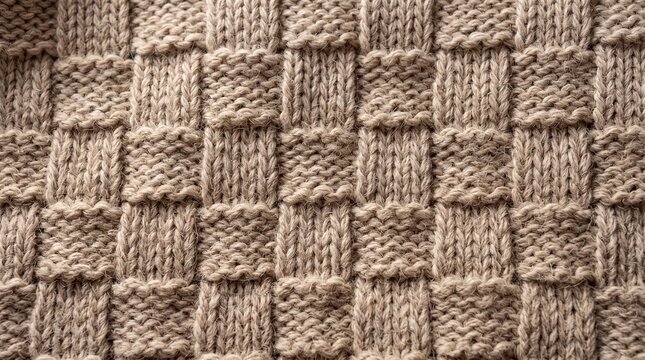 Closeup of a brown knitted fabric with a basketweave pattern, creating a textured and cozy textile background