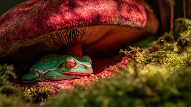 Tiny jewel-toned frog with iridescent skin nestled safely under a large red mushroom in a mossy forest habitat