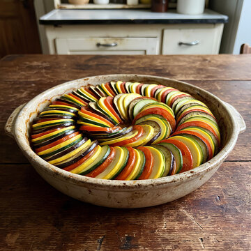Colorful vegetable ratatouille in ceramic dish on wooden table
