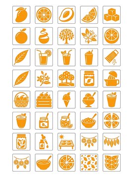 Golden citrus fruit orange juice tropical beverage icon set featuring fresh oranges slices leaves cocktails jam jars beverage cocktail smoothie squeezer breakfast icecream nutrition tropical