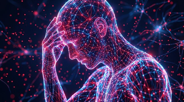 Digital human with glowing neural network, futuristic illustration