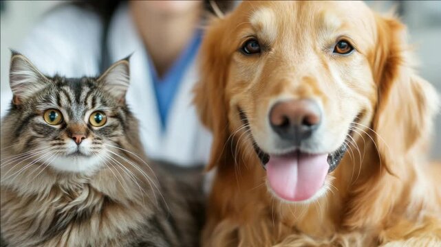 A happy dog and a curious cat sitting side by side with their owner