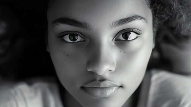 Close-up portrait of a youthful female face with a clear complexion and dark eyes
