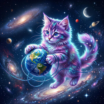 Cosmic cat holding earth globe in outer space.