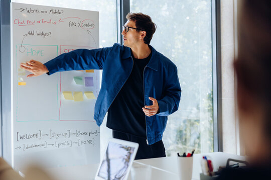 Male designer presenting user flow on whiteboard in modern office