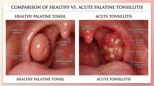 Healthy Palatine Tonsil Versus Acute Tonsillitis Enlarged Beefy Red Tonsil and Purulent Exudate