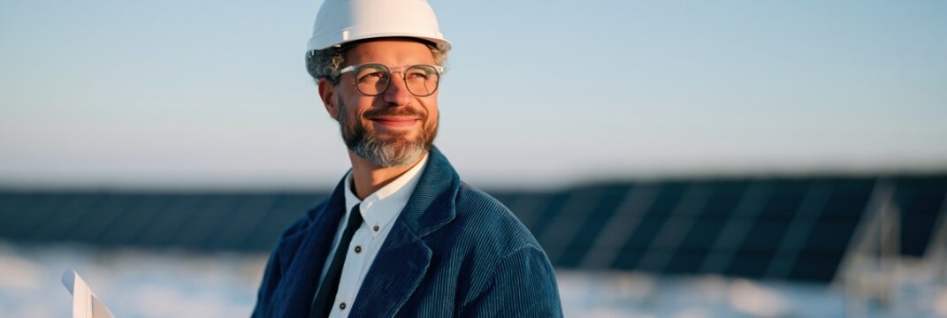 Solar engineer half length portrait of a man with hard hat at an expansive solar panel array for renewable energy corporate background