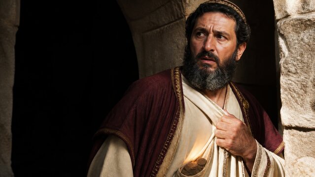 Bearded Pharisee clutching hidden coins in a stone doorway. Biblical scene illustrating greed, hypocrisy, and concealed motives from the Gospel of Luke.