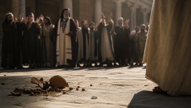 Jesus faces mocking Pharisees as broken pottery and a coin lie on the temple floor, illustrating hidden greed, false righteousness, and divine judgment from Luke 16