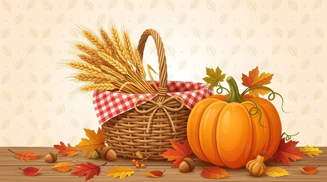 Autumn harvest basket with golden wheat and ripe pumpkin on rustic wooden table