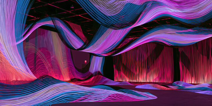 immersive digital aurora projection mapping installation envelops silhouetted visitors within flowing crimson cyan light waves across dark gallery walls for advertising web design
