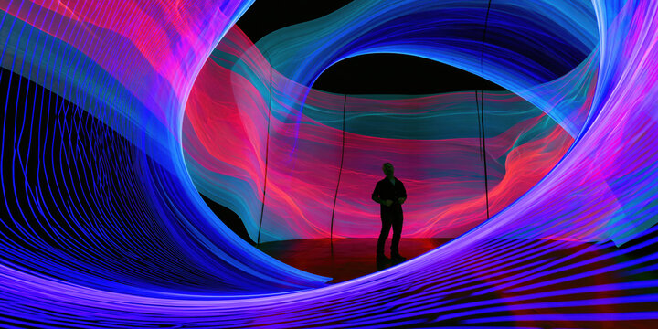 immersive digital aurora projection mapping installation envelops silhouetted visitors within flowing crimson cyan light waves across dark gallery walls for advertising web design
