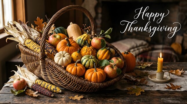 Overflowing rustic harvest basket with pumpkins, gourds, and autumn leaves for Thanksgiving celebration