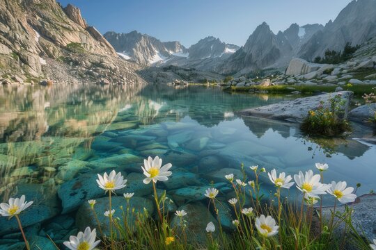 Clear water mirrors jagged peaks above