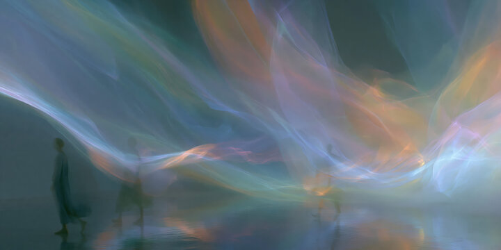 ethereal multicolored smoke plumes swirling in dark studio space creating dreamy abstract atmosphere perfect for wellness branding web design advertising and artistic backgrounds
