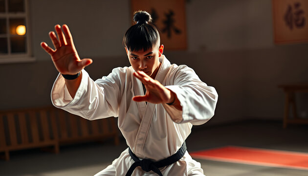 Male martial artist in white karate gi performing dynamic high kick in dojo training session