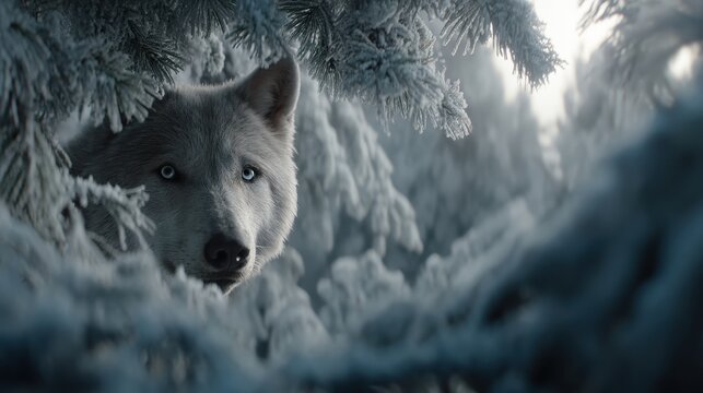 A curious white wolf with piercing blue eyes peeking through snow-covered ancient pine trees in a winter forest.