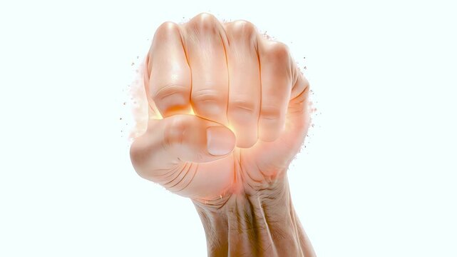 powerful clenched fist symbol of strength power unity protest solidarity empowerment resistance, raised fist representing freedom justice equality concept, strong human fist isolated white background