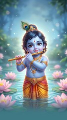 Fototapeta premium Baby Krishna Playing Flute in Lotus Pond – Cute Devotional Hindu Art 