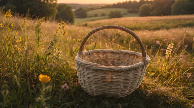 Close up of empty traditional wicker basket standing in sunny summer grass