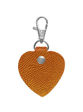 Modern magnetic hat holder keychain in heart shape, orange faux leather product shot on white background.
