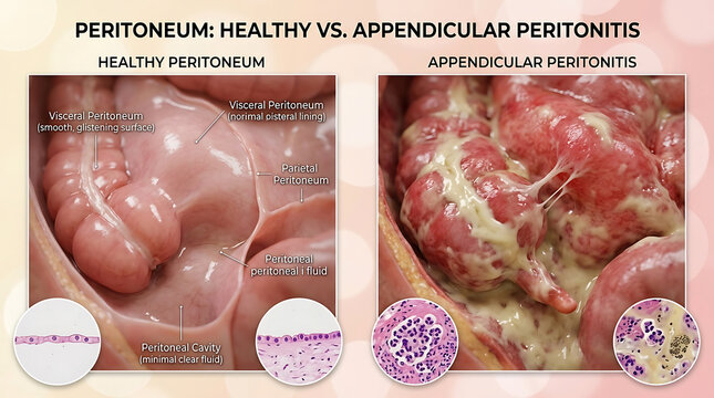 Healthy Peritoneum Versus Appendicular Peritonitis Purulent Exudate and Adhesions