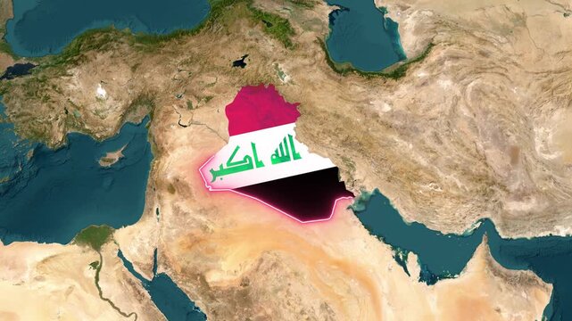 Animated map showing iraq with glowing national flag overlay footage