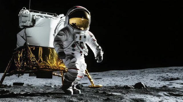 An astronaut standing on the moon with a lunar module in the background.