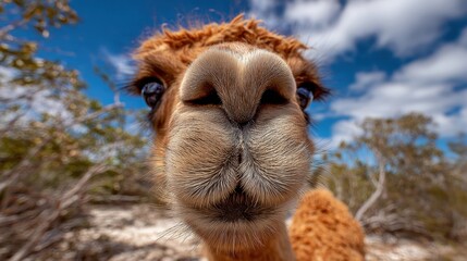 Naklejka premium Adorable Alpaca Face Up Close in Natural Outdoor Setting with Curious Eyes