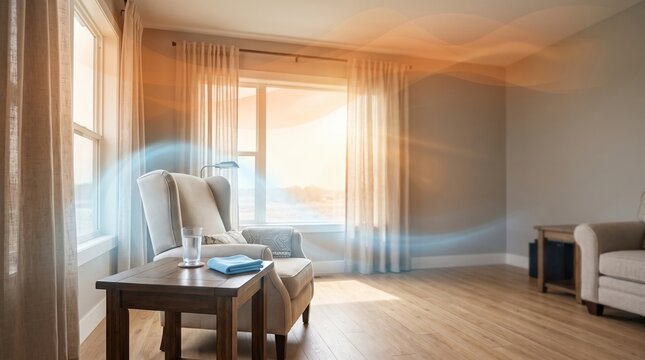 Empty modern living room with armchair beside window featuring warm heat wave and cool blue airflow stream overlay for indoor climate control concept.