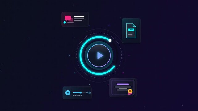 Interactive E-Learning Video Player Interface with Animated Educational Icons Motion Graphic