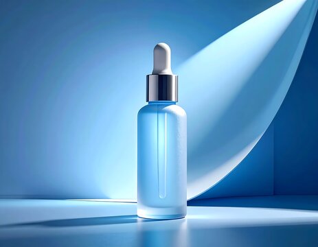 Cosmetic skincare bottle with dropper in blue studio lighting showcasing luxury beauty product