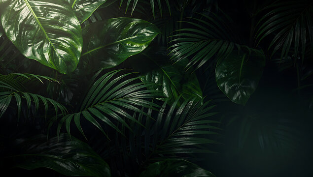 Dense Tropical Leaf Arrangement in Dark Jungle Setting