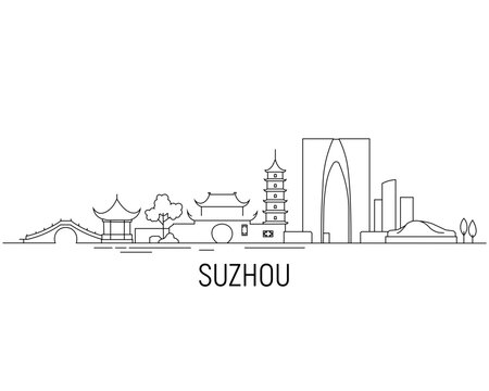 Thin line art depicts Suzhou skyline