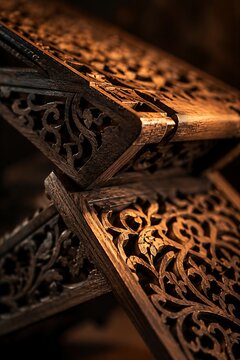 Intricate wooden rehal, a traditional Islamic book stand, showcasing detailed carvings and ornate patterns.