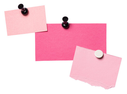 Isolated pinned torn ripped cut out pink paper notes with pins or thumbtacks with copy space for text, transparent png background design element
