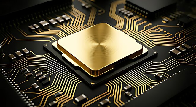 Central computer microprocessor mounted on motherboard with gold circuitry
