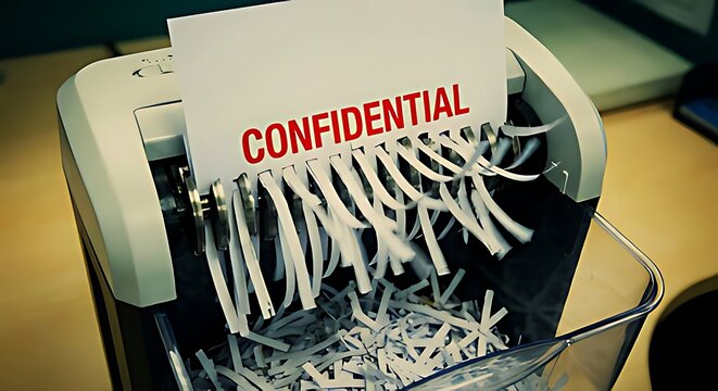 Paper shredder destroying confidential document in office environment