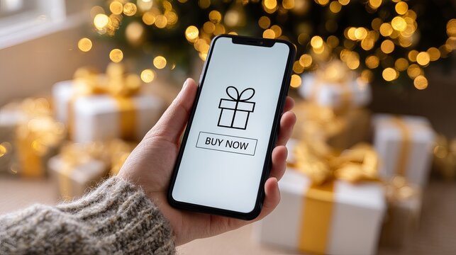 Person holding modern smartphone displaying buy now button and gift icon for holiday season online shopping from a cozy home