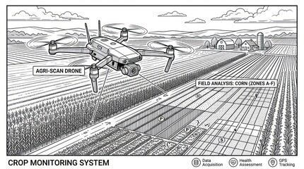 Obraz premium Industrial Black and White of Agri Scan Drone Monitoring Cornfield Zones for Precision Crop Health Assessment