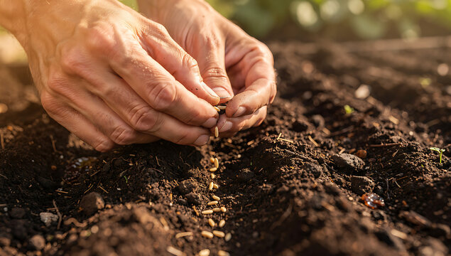 Close-up of hands sowing tiny seeds into soil for planting