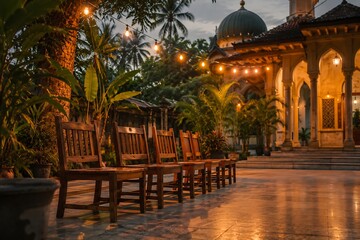 Naklejka premium Row of empty wooden chairs set up outside a mosque with decorative lights illuminating the scene at dusk.
